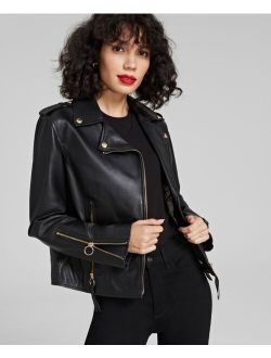 Women's Leather Zip-Cuff Moto Jacket