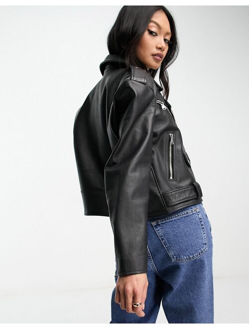 ASOS DESIGN textured premium real leather moto jacket in black