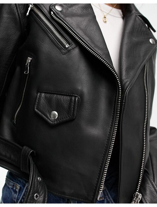 ASOS DESIGN textured premium real leather moto jacket in black