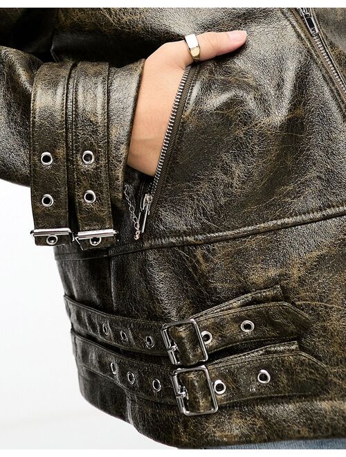 Miss Selfridge cracked faux leather oversized biker jacket in brown
