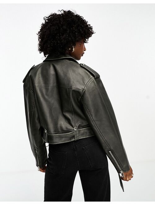 Mango fitted biker jacket in vintage washed black