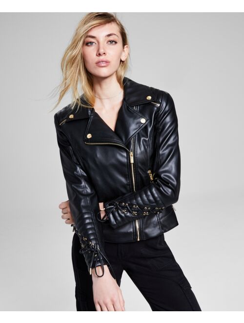 GUESS Women's Faux-Leather Asymmetric Moto Coat