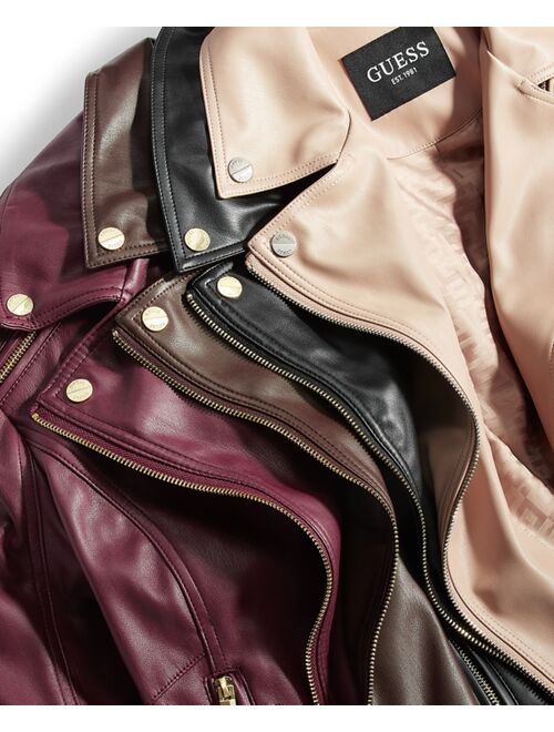 GUESS Women's Faux-Leather Asymmetric Moto Coat