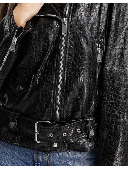 Mango faux leather croc detail leather jacket in black