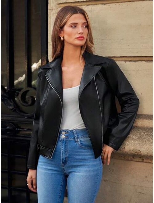 SHEIN Frenchy Lapel Neck Zip Up PU Leather Moto Jacket