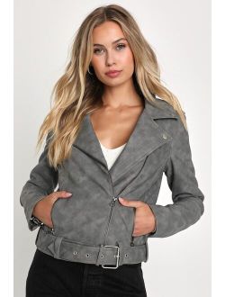 Rebellious Beauty Charcoal Grey Vegan Leather Moto Jacket