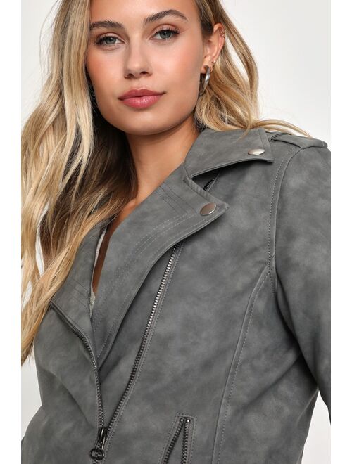 Lulus Rebellious Beauty Charcoal Grey Vegan Leather Moto Jacket