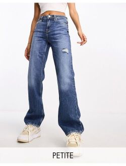 Petite high waist straight leg jeans in mid blue wash