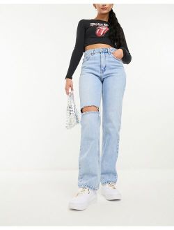 STR straight jeans with rips in light wash blue