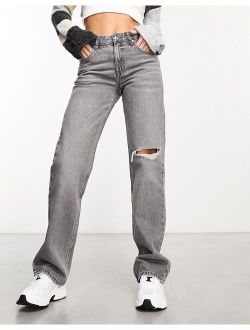 straight leg jean with rip in gray
