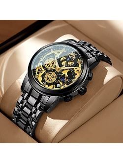 Mens Watch Chronograph Luxury Diamond Dress Business Analog Quartz Wrist Watches Stainless Steel Waterproof Luminous Moon Phase