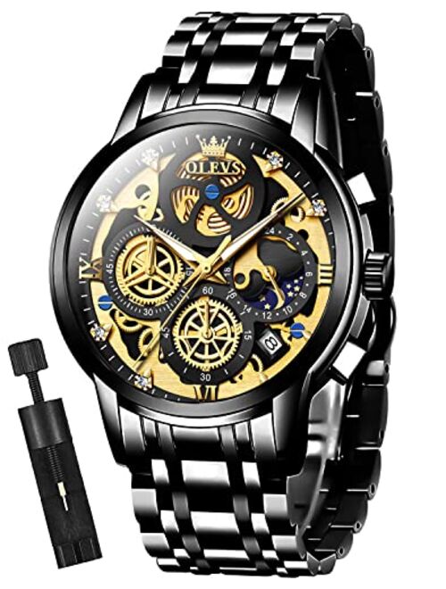 OLEVS Mens Watch Chronograph Luxury Diamond Dress Business Analog Quartz Wrist Watches Stainless Steel Waterproof Luminous Moon Phase