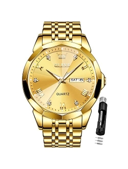 Men Watches Business Dress Diamond Analog Quartz Date Luxury Wrist Watch Casual Stainless Steel Waterproof Luminous Two Tone Watch for Men