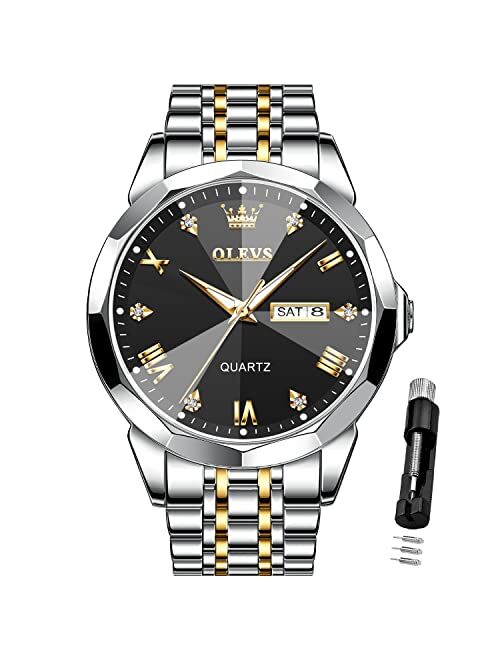 OLEVS Men Watches Business Dress Diamond Analog Quartz Date Luxury Wrist Watch Casual Stainless Steel Waterproof Luminous Two Tone Watch for Men