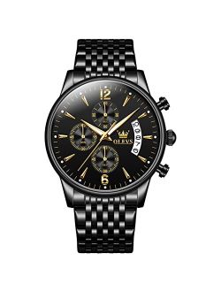Men's Stainless Steel Chronograph Watch, Big Face Gold Silver Black Tone Easy to Read Analog Quartz Watch, Luxury Waterproof Date Diamond Roman Arabic Numerals Dial