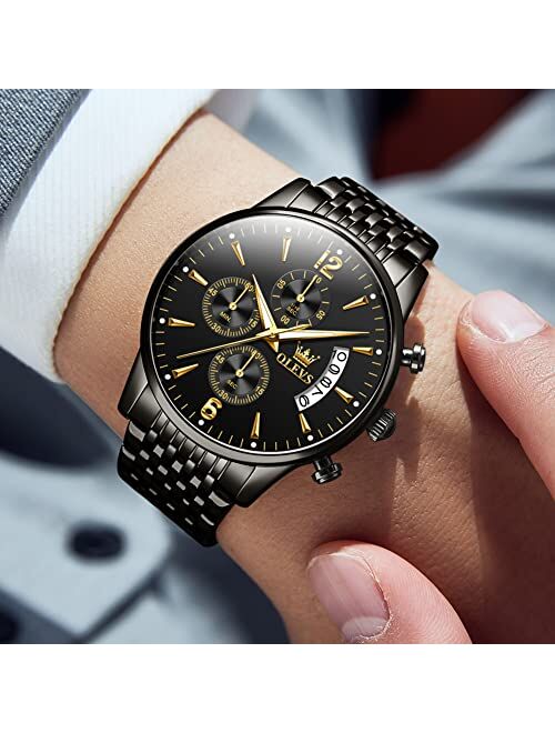OLEVS Men's Stainless Steel Chronograph Watch, Big Face Gold Silver Black Tone Easy to Read Analog Quartz Watch, Luxury Waterproof Date Diamond Roman Arabic Numerals Dial
