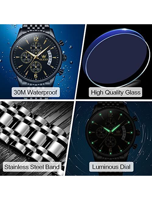 OLEVS Men's Stainless Steel Chronograph Watch, Big Face Gold Silver Black Tone Easy to Read Analog Quartz Watch, Luxury Waterproof Date Diamond Roman Arabic Numerals Dial