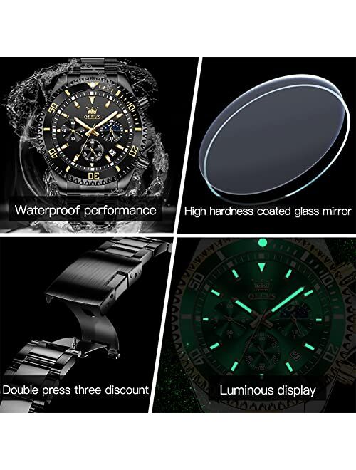 OLEVS Mens Watches Chronograph Luxury Dress Moon Phase Quartz Stainless Steel Waterproof Luminous Business Calendar Wrist Watch