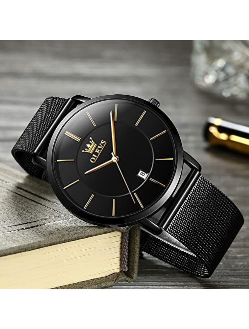 OLEVS Mens Watch Fashion Minimalist Chronograph Quartz Analog Mesh Stainless Steel Waterproof Luminous Watches for Men with Auto Date