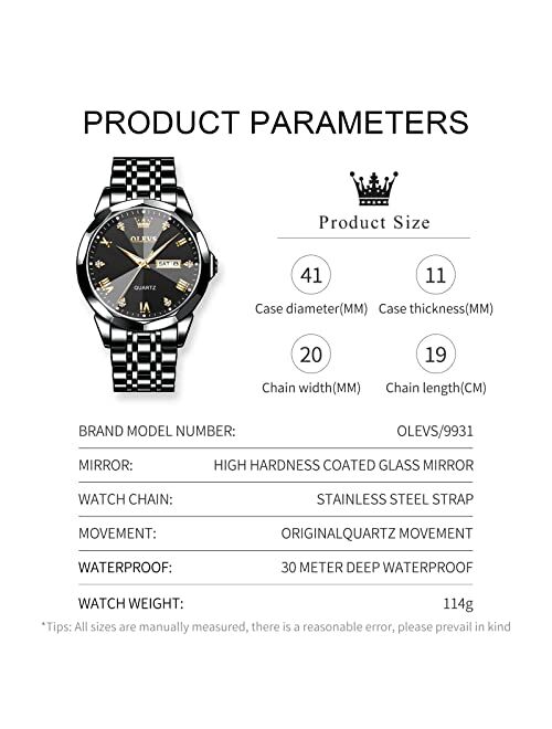 OLEVS Men Watches Stainless Steel Wrist Watch Quartz Analog Waterproof Luminous Date Diamond Wrist Watch Luxury Casual Watch for Men