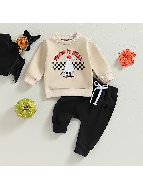 Allshope Toddler Baby Boy Halloween Outfits Ghost Pumpkin Print Sweatshirt Tops Pants Set Cute Infant Newborn Fall Clothes