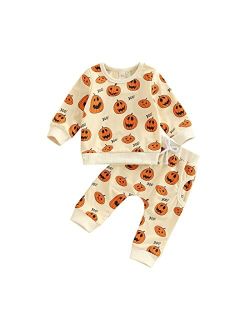 Covvoliy Infant Toddler Baby Boy Halloween Outfits Pumpkin Sweatshirt Top Sweatsuit Pants Set Newborn Halloween Fall Clothes