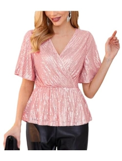 Sequin Ruffle Tops for Women Short Sleeve Dressy Sparkly Tops Ruched Wrap Blouse Party Club Cocktail Shirt