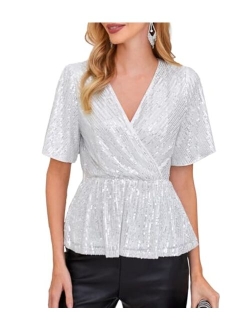 Sequin Ruffle Tops for Women Short Sleeve Dressy Sparkly Tops Ruched Wrap Blouse Party Club Cocktail Shirt