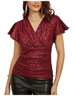Sequin Ruffle Tops for Women Short Sleeve Dressy Sparkly Tops Ruched Wrap Blouse Party Club Cocktail Shirt