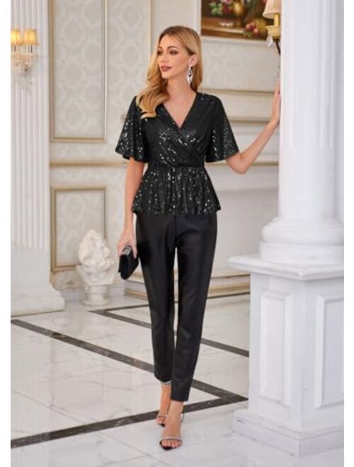 GRACE KARIN Sequin Ruffle Tops for Women Short Sleeve Dressy Sparkly Tops Ruched Wrap Blouse Party Club Cocktail Shirt
