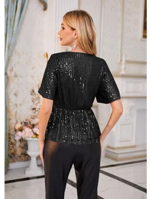 GRACE KARIN Sequin Ruffle Tops for Women Short Sleeve Dressy Sparkly Tops Ruched Wrap Blouse Party Club Cocktail Shirt