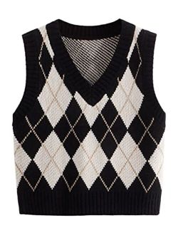 Women's Plaid Geo Sleeveless V Neck Knit Crop Top Sweater Vest