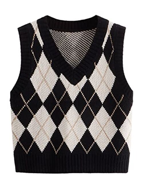 SweatyRocks Women's Plaid Geo Sleeveless V Neck Knit Crop Top Sweater Vest