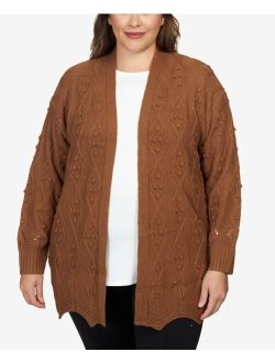 Plus Size Solid Textured Zigzag Hem Open Cardigan Sweater