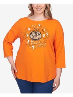 Plus Size Spooky Pumpkin Three Quarter Sleeve T-shirt