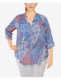Plus Size Silky Gauze Printed Button Front Top