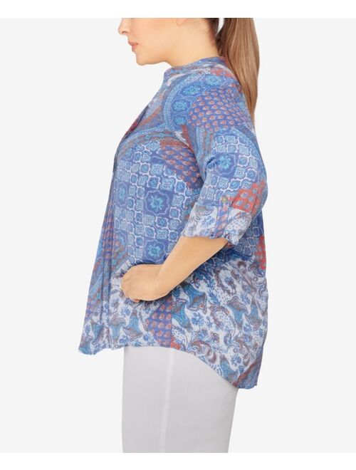RUBY RD. Plus Size Silky Gauze Printed Button Front Top