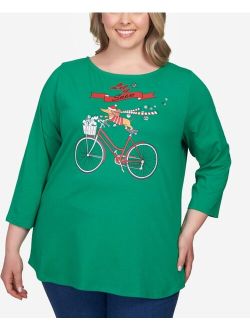 Plus Size Holiday Puppy Bicycle Three-Quarter Sleeve T-shirt