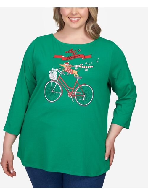 RUBY RD. Plus Size Holiday Puppy Bicycle Three-Quarter Sleeve T-shirt