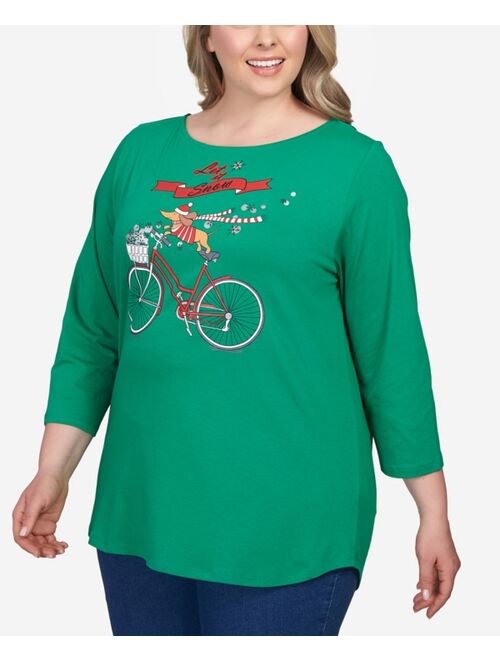 RUBY RD. Plus Size Holiday Puppy Bicycle Three-Quarter Sleeve T-shirt