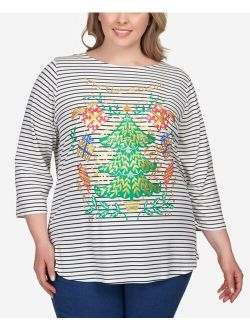 Plus Size Shiny Christmas Tree Striped Three-Quarter Sleeve T-shirt