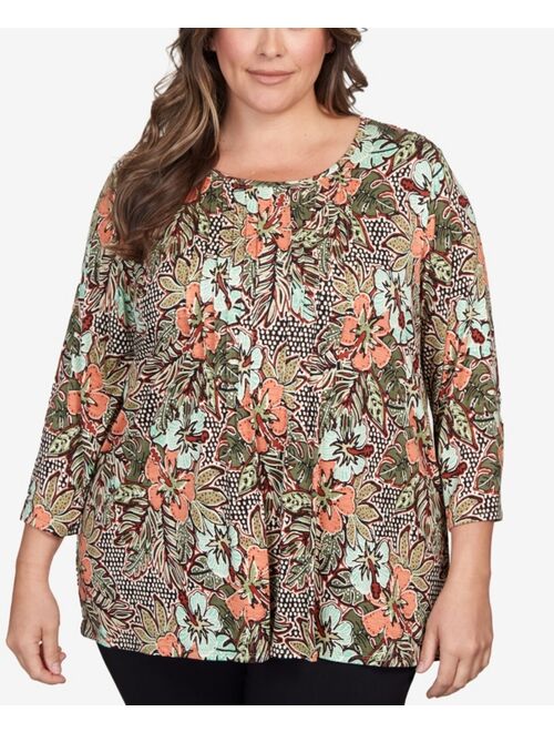 RUBY RD. Plus Size Flowy Stretch Hibiscus Palms Tunic Top
