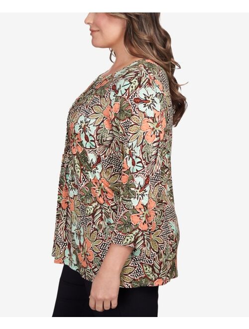 RUBY RD. Plus Size Flowy Stretch Hibiscus Palms Tunic Top