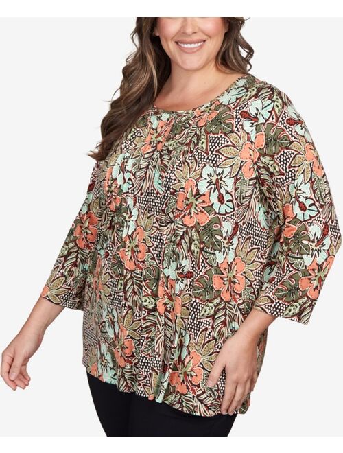 RUBY RD. Plus Size Flowy Stretch Hibiscus Palms Tunic Top