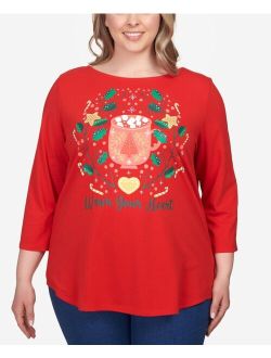 Plus Size Warm Your Heart Holiday Three-Quarter Sleeve T-shirt