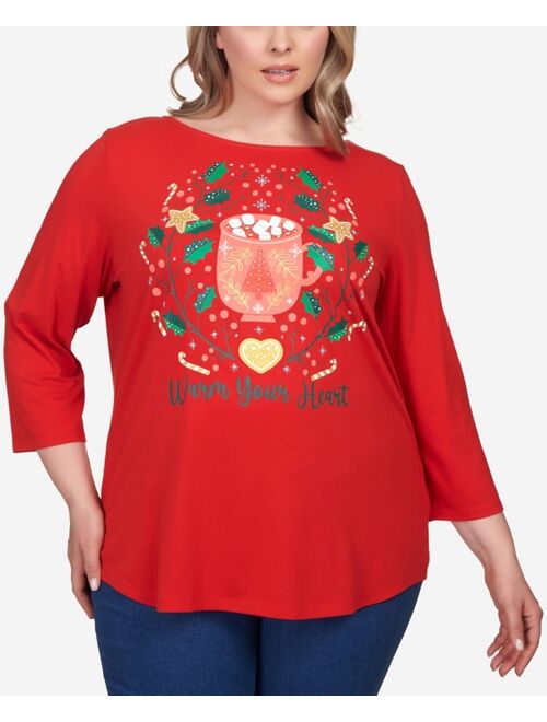 RUBY RD. Plus Size Warm Your Heart Holiday Three-Quarter Sleeve T-shirt