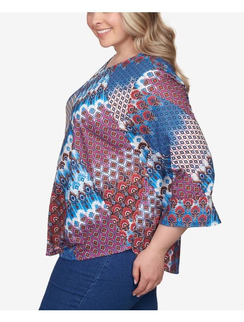 RUBY RD. Plus Size Mixed Bohemian Geo Patchwork Top with Bell Sleeves
