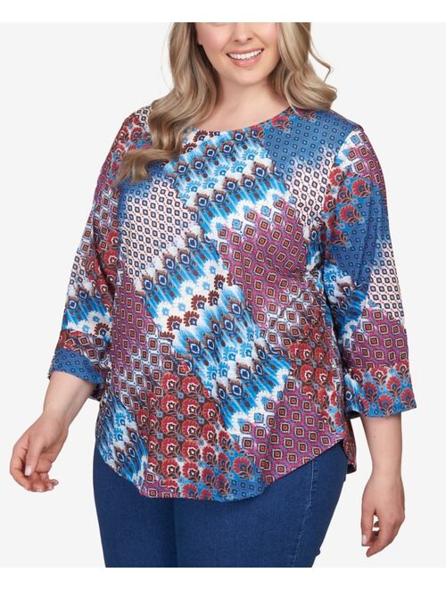 RUBY RD. Plus Size Mixed Bohemian Geo Patchwork Top with Bell Sleeves