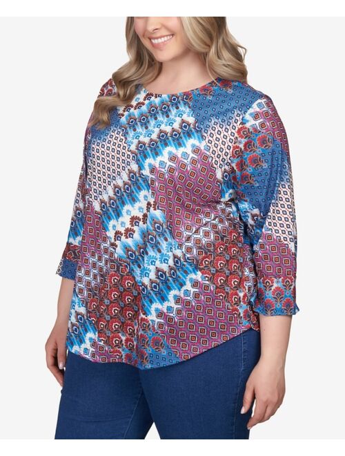 RUBY RD. Plus Size Mixed Bohemian Geo Patchwork Top with Bell Sleeves