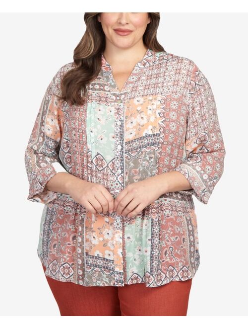 RUBY RD. Plus Size Paisley Patchwork Print Button Front Top
